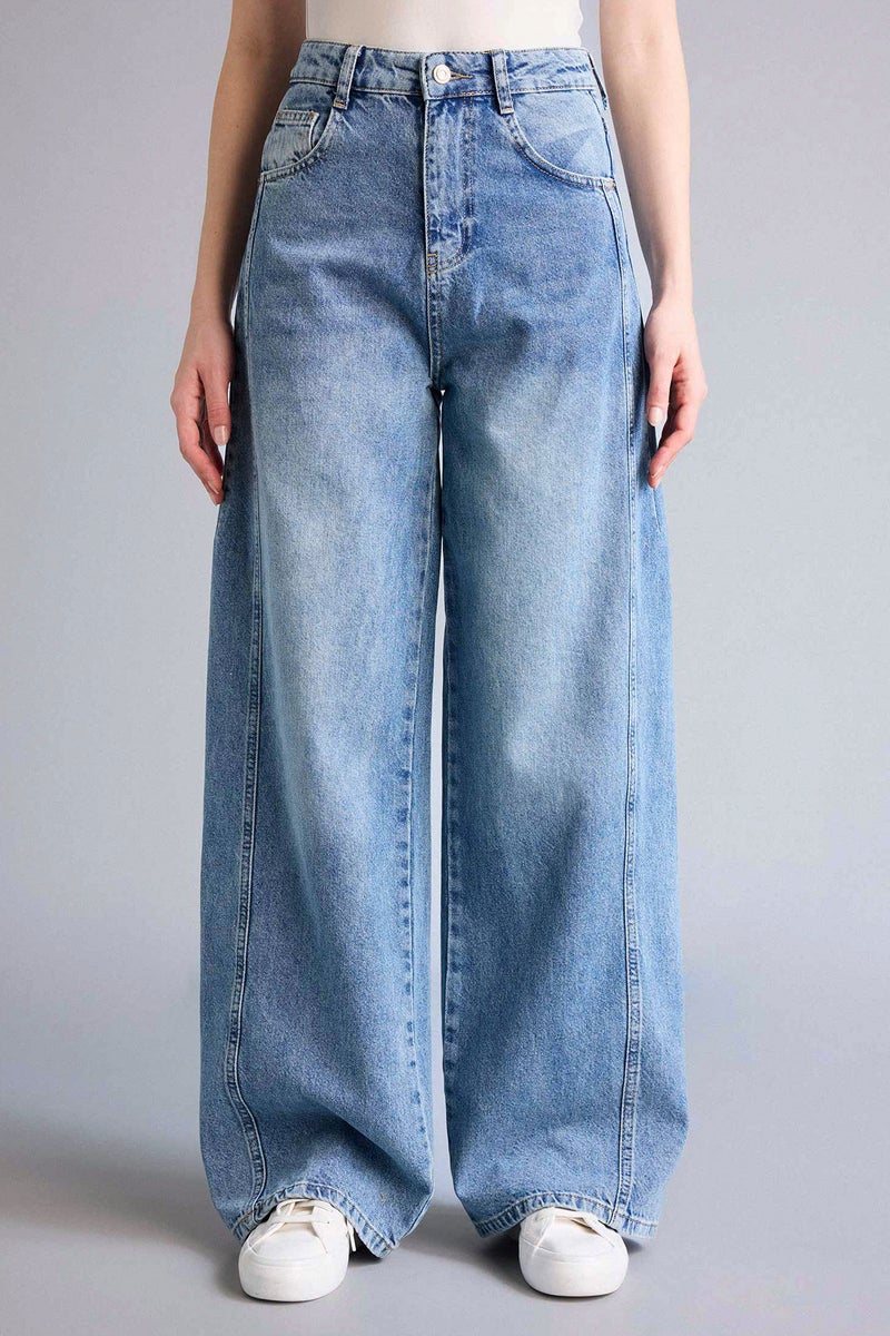 DeFacto Blue Woman Wide Leg Regular Waist Ankle Length Washed Jeans Casual - Image 3